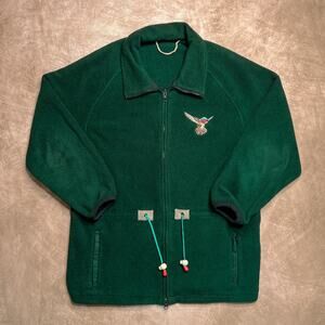 Vintage 90s Green Fleece Hummingbird Jacket Embroidered Union Made Cinch Waist
